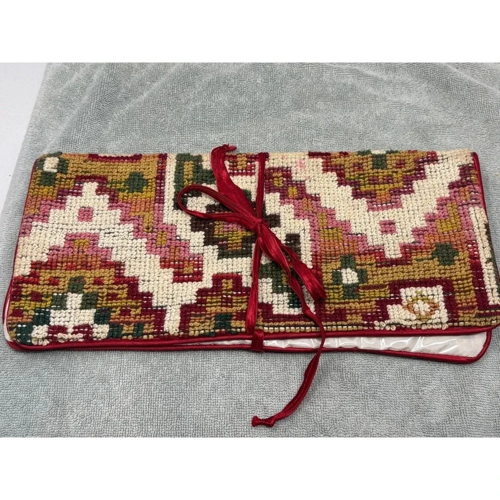 Vintage Neiman Marcus Needlepoint Jewelry Roll‎ Italy Geometric Travel Organizer